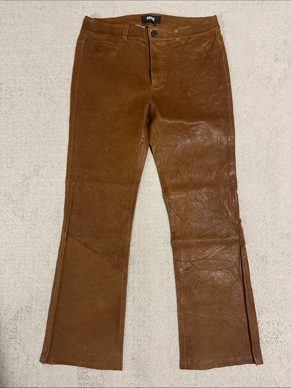 PAIGE Cognac Leather Flare Jeans